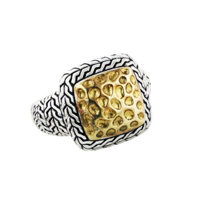 Sterling Silver Ring Gold Tone Hammered Cushion with Oxidized Rop