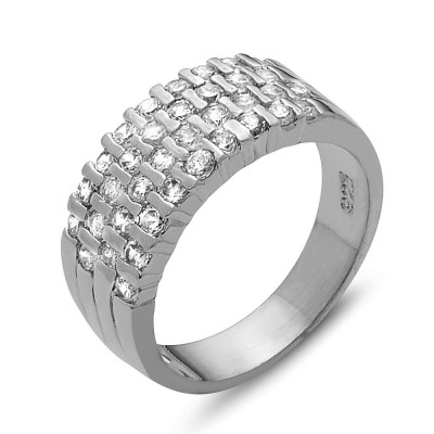 Sterling Silver Ring 4 Row Clear Cubic Zirconia--Silver Plated
