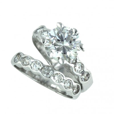 Sterling Silver Ring Engment (2Pcs Sets) 9mm Round Clear Cubic Zirconia+6 Hear