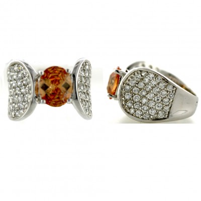 Sterling Silver Ring 10X8mm Chess Cut Oval Champagne Cubic Zirconia with Clear Cubic Zirconia Conc