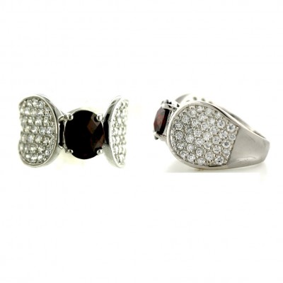 Sterling Silver Ring 10X8mm Chess Cut Oval Garnet Cubic Zirconia with Clear Cubic Zirconia Conc