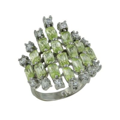 Sterling Silver Ring Light Per.Cubic Zirconia Baguette with Cubic Zirconia Rhombus