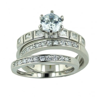 Sterling Silver Ring Engment (3Pcs Sets) 6mm Round Clear Cubic Zirconia Solita