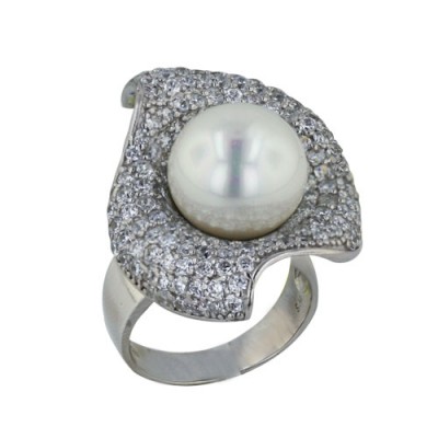 Sterling Silver Ring 31X23mm 12mm White Mother of Pearl Shell Pearl with Clear Cubic Zirconia - 9