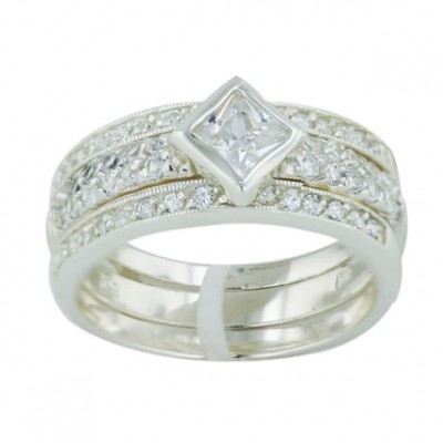 Sterling Silver Ring 3Pcs Set Clear Cubic Zirconia Princess Cut Rhombus--Rhodium Plating/N