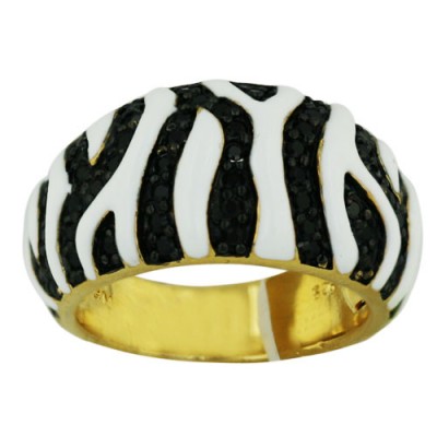 Sterling Silver Ring 2 Tone Gold Black Cubic Zirconia with White Enamel Wavy Line