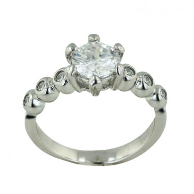 Sterling Silver Ring 7mm Clear Cubic Zirconia Solitaire with 6 Heart Prongs+3 B