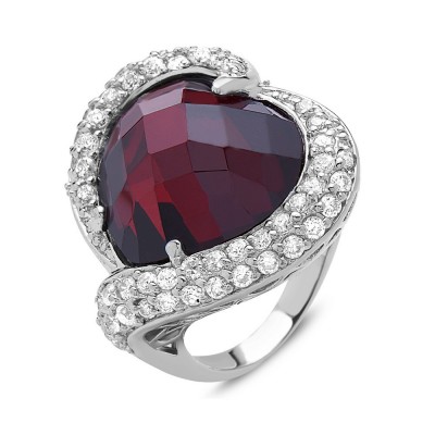SS Ring Chess Cut Garnet Cz Dome W/ Pave Cz Sided