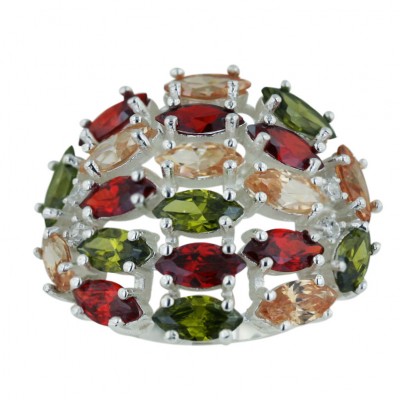 Sterling Silver Ring Champagne+Garnet +Olivine Cubic Zirconia Marquis Round Dome--Rhodium Plating/Nickle Free--