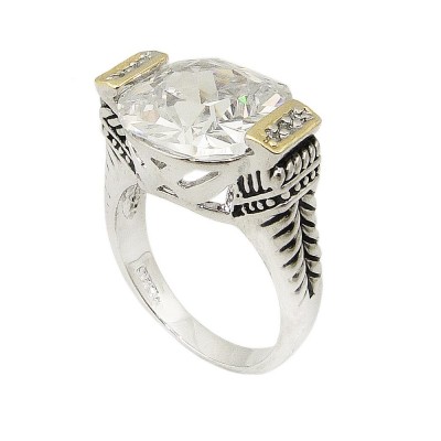 Sterling Silver Ring 14X14mm Cushion Clear Cubic Zirconia with 2 Tone Cubic Zirconia Bar+Ro