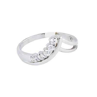 Sterling Silver Ring Joined 'V' 5Pcs Clear Cubic Zirconia +Split Lines