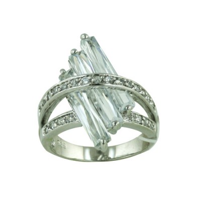 Sterling Silver Ring 3 Clear Cubic Zirconia Baguette with Bypass Cubic Zirconia Lines