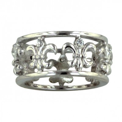 Sterling Silver Ring Fleur De Lis with Clear Cubic Zirconia Eternity Open Band