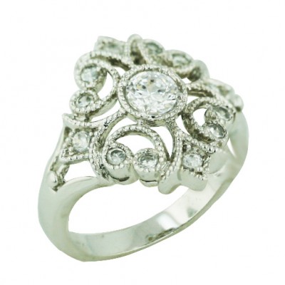 Sterling Silver Ring 6mm Bezel Clear Cubic Zirconia Ctr Filigree