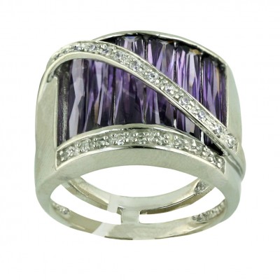 Sterling Silver Ring 6 Baguette Amethyst Cubic Zirconia with Bypass Cubic Zirconia Lines--E-coated/N