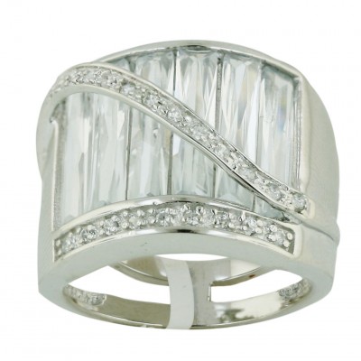Sterling Silver Ring 6 Baguette Clear Cubic Zirconia with Bypass Cubic Zirconia Lines--Rhodium Plating/N