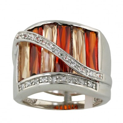 Sterling Silver Ring 6 Baguette Garnet +Champagne Cubic Zirconia with Bypass Cubic Zirconia Lines