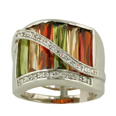 Sterling Silver Ring 6 Baguette Garnet +Champagne+Olivine Cubic Zirconia with Bypass Cubic Zirconia Lines-