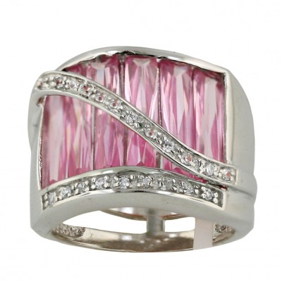 Sterling Silver Ring 6 Baguette Pink Cubic Zirconia with Bypass Cubic Zirconia Lines--Rhodium Plating/N