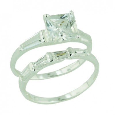 Sterling Silver Ring Engment (2Pcs Set) 7X7mm Square Princess Cut C