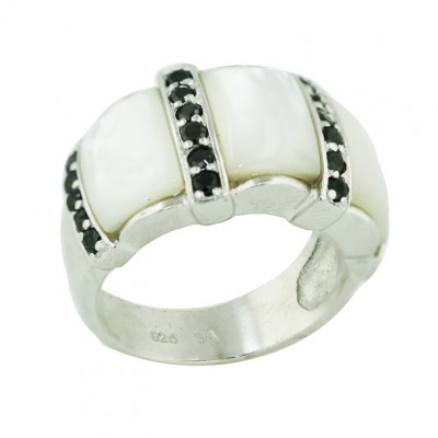 Sterling Silver Ring 3Pcs White Mother of Pearl with Black Cubic Zirconia