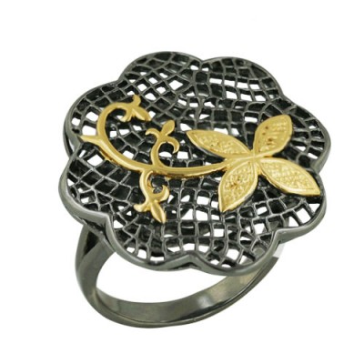 Sterling Silver Ring 26X26mm Black Rhodium Plating with Gold Flower--Rhodium Plating/Nickle Free--