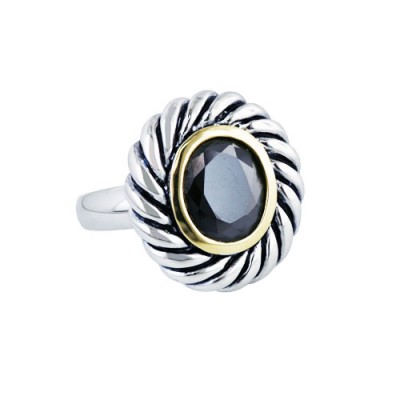 Sterling Silver Ring 2 Tone Oval Black Cubic Zirconia with Oxidized Rope 10mm