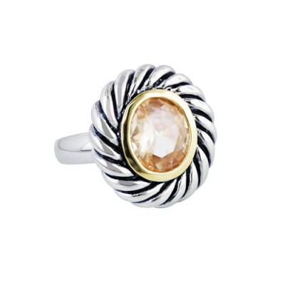 Sterling Silver Ring 2 Tone Oval Champagne Cubic Zirconia with Oxidized Rope 10mm
