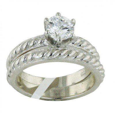 Sterling Silver Ring 6mm Solitaire Clear Cubic Zirconia with Rope Band