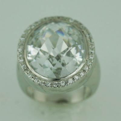 Sterling Silver Ring 20X16mm Oval Chess Cut Clear Cubic Zirconia with Cubic Zirconia Around