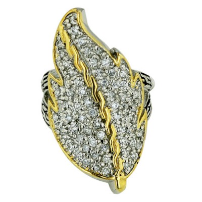 Sterling Silver Ring 2 Tone Pave Cubic Zirconia Leaf with Oxidized Rope Sided