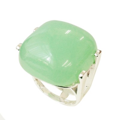 Sterling Silver Ring Cabochon Green Jade 25mmx25mm Cushion Dome