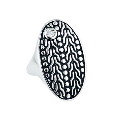 Sterling Silver Ring Oxidized Rope Pattern Oval with Clear Cubic Zirconia Bezel