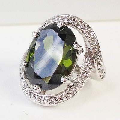 Sterling Silver Ring 18X13mm Oval Olivine Cubic Zirconia with Cubic Zirconia Around