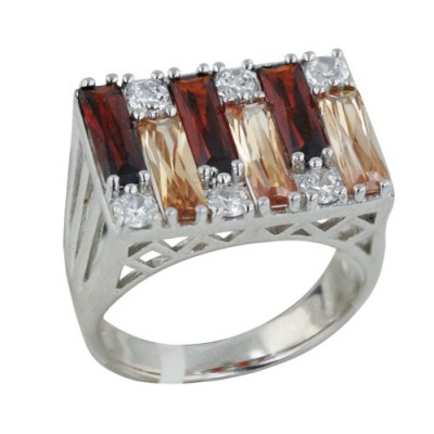 Sterling Silver Ring (Flat) 6Pcs Baguette Garnet +Champagne Cubic Zirconia with Clear Cubic Zirconia