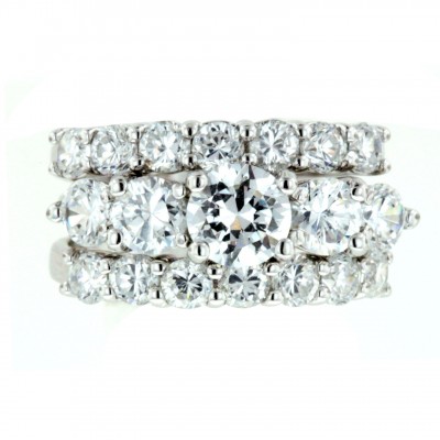 Sterling Silver Ring Engment (3Pcs Sets) 5 Round Clear Cubic Zirconia