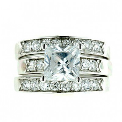 Sterling Silver Ring Engment (3Pcs Sets) 7X7mm Princess Cut Clear