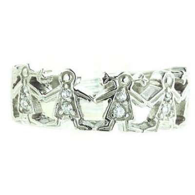 Sterling Silver Ring Clear Cubic Zirconia 3 Little Girls+2 Little Boys Holdin