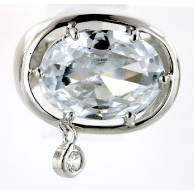 Sterling Silver Ring 18X13mm Oval Clear Cubic Zirconia with Black Cubic Zirconia Bezel Dangle