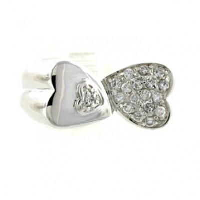 Sterling Silver Ring Oppositive Cubic Zirconia Heart on Heart+Pave Heart