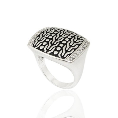 Sterling Silver Ring Oxidized Rope Square Platform with Cubic Zirconia Lines Bot