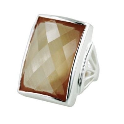 Sterling Silver Ring 24X18mm Chess Cut Champagne Cubic Zirconia (Cab Matt Bottom) -