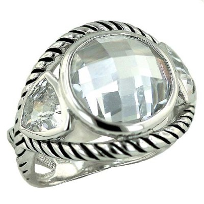 Sterling Silver Ring Round Chess Cut Clear Cubic Zirconia Dome+Trillion+Oxidi