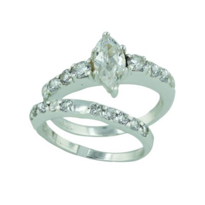 Sterling Silver Ring Engment (2Pcs Sets) Clear Cubic Zirconia Marquis 10X5 mm