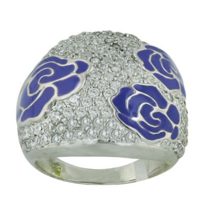 Sterling Silver Ring 3 Purple Enamel Flwrs with Clear Cubic Zirconia Concave
