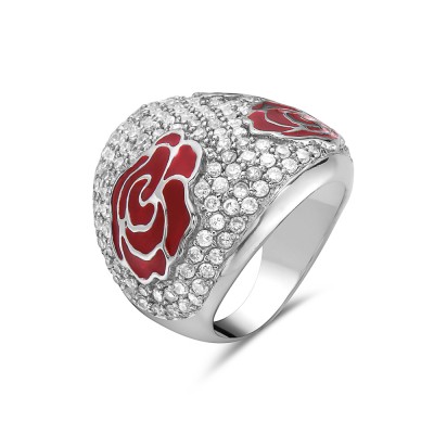 Sterling Silver Ring 3 Rd Enamel Flwrs with Clear Cubic Zirconia Concave