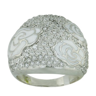 Sterling Silver Ring 3 Wh Enamel Flwrs with Clear Cubic Zirconia Concave