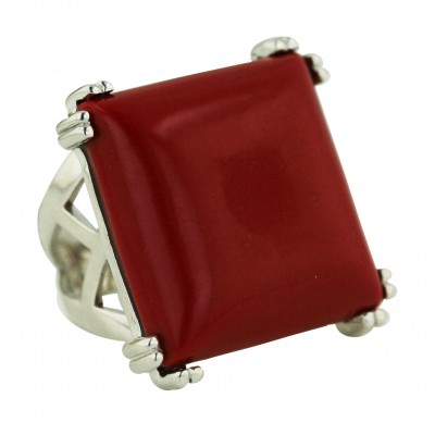 Sterling Silver Ring 25X25mm Red Coral Square