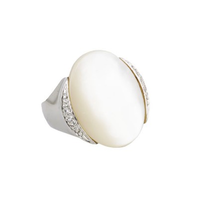 Sterling Silver Ring 23X17mm Cabochon Oval White Mother of Pearl with Cubic Zirconia both - 9