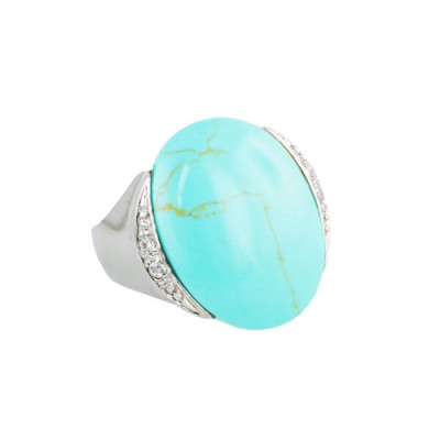Sterling Silver Ring 23X17mm Cabochon Oval Faux Turquoise with Cubic Zirconia both S